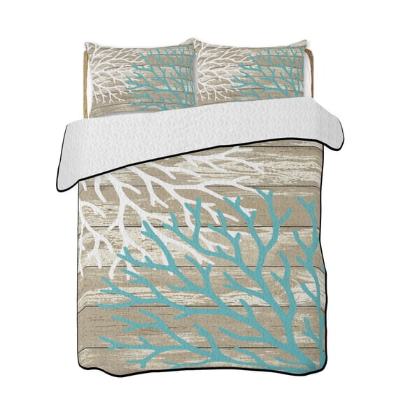 Coral Branch Quilts Bedding Set Full Size Coastal Teal White Ocean Sea Plant Beige Wood Grain Lightweight Quilted Bedspread 3 Piece Bed Quilt with 2 Pillow Shams All Season for Bedroom 68" x 98"