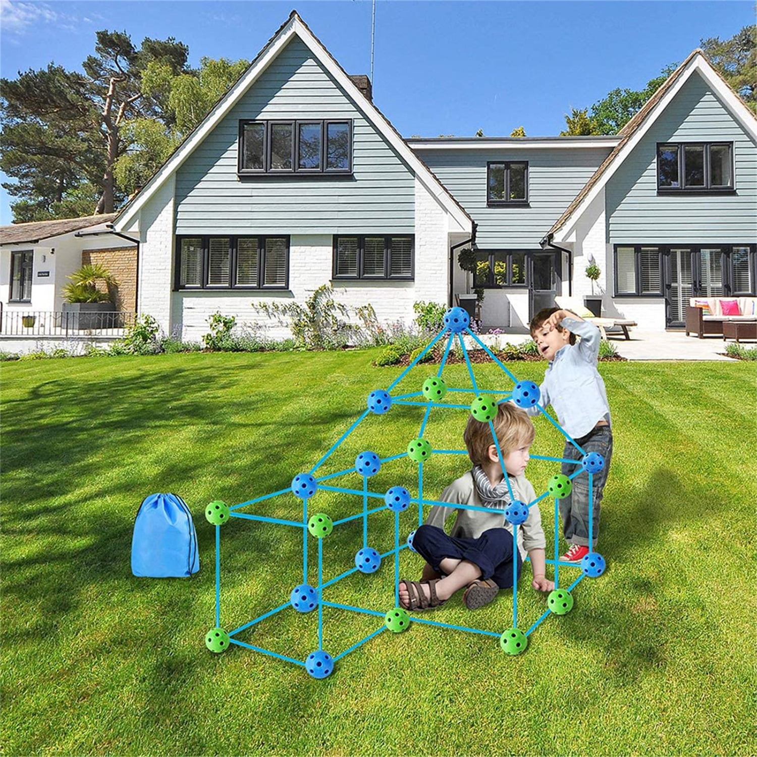 CIPACHO Kids Fort Building Kit 85 PCS Construction Toys for Boys Girls, DIY Building Playhouse Castle Tunnel Play Tent, Blue