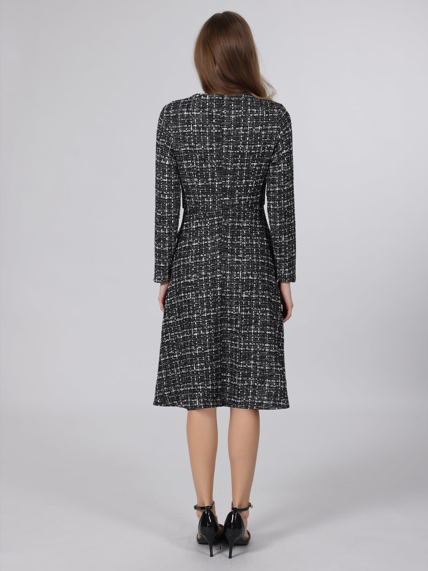 DARING DIVA Women's Tweed Long Sleeves Crew Neck A-Line Design Dress M Black