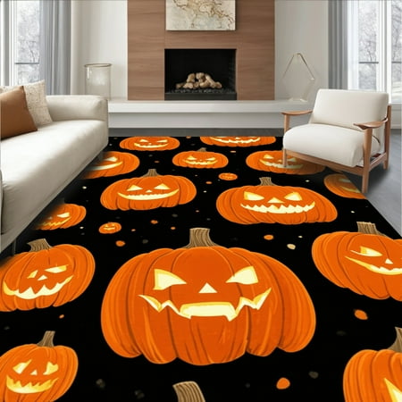 Flatwoven High Traffic Area Rug Sinister Pumpkin Ghost Rug With Halloween Horror Shadows Non Slip Stain Resistant Washable Area Rugs for Living Room Bedroom(Orange 8X10)