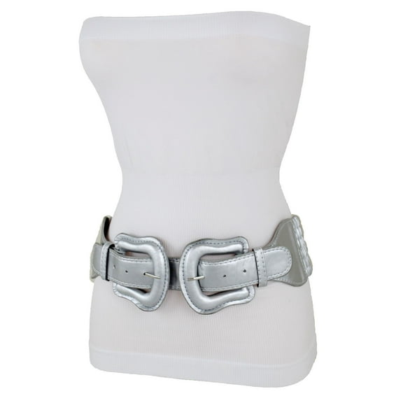 Women Silver Wide Stretch Beautiful Belt Cowgirls 2 Double Buckles