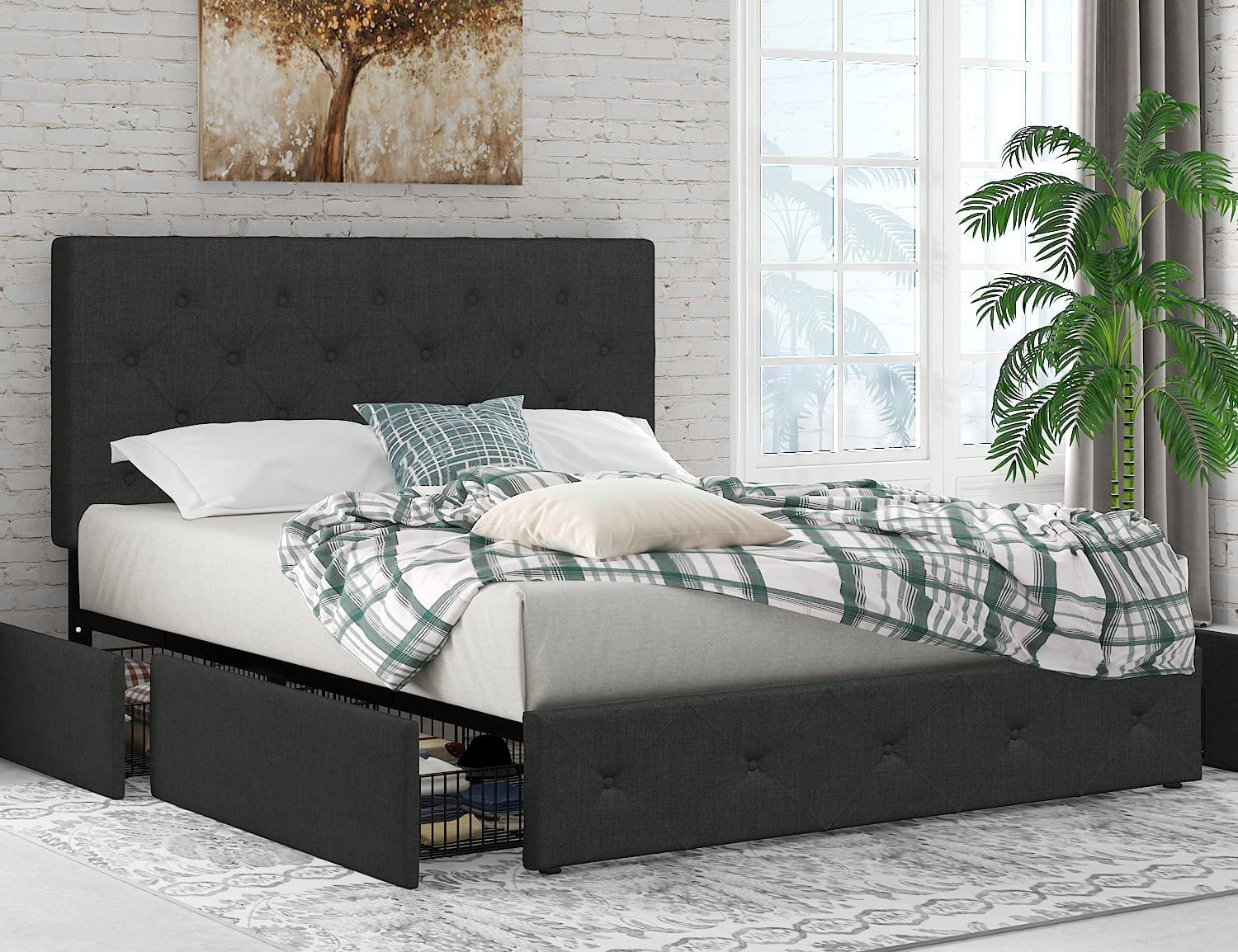 Queen Size Bed Frame Platform Bedroom Charcoal Gray Upholstered Stable Headboard 