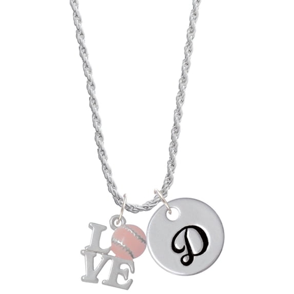 Delight Jewelry Love with Pink Softball Silvertone Script Initial Disc - D - Charm Necklace, 20"+3"