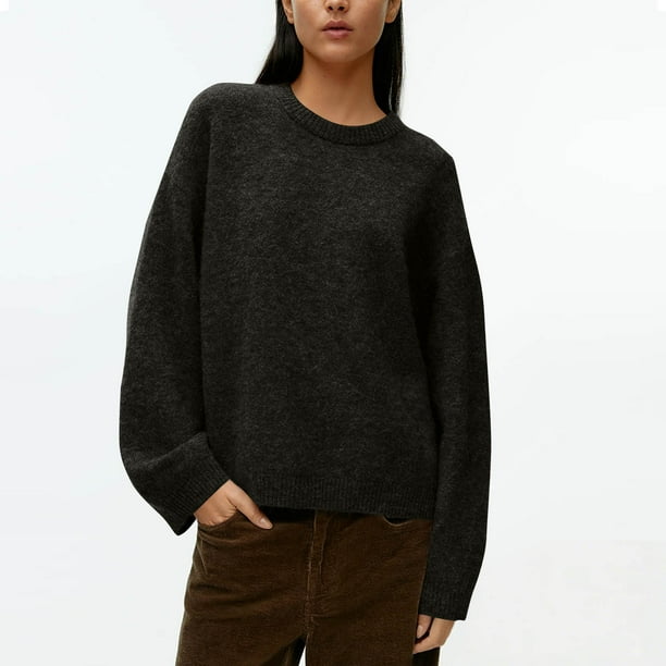 Suéter de cuello redondo para mujer, otoño e invierno, suelto, color sólido, manga larga, cuello redondo, suéter, top de acrílico para mujer