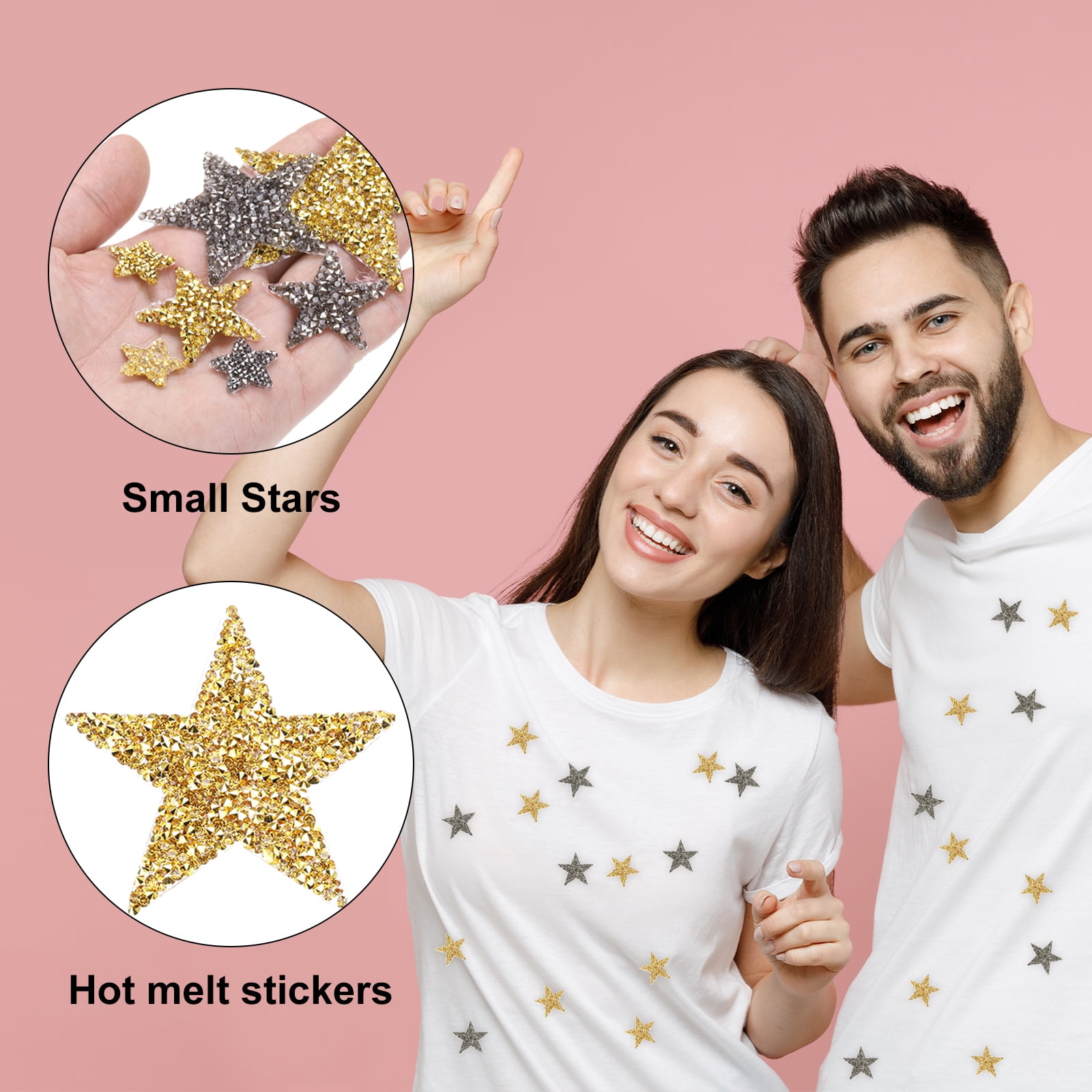 Uxcell 60Pcs Iron on Star Patches Rhinestone, Appliques Adhesive Glitter Embellishments Patches Mixed Size for Clothing Jeans DIY Repair (Gold Silver)