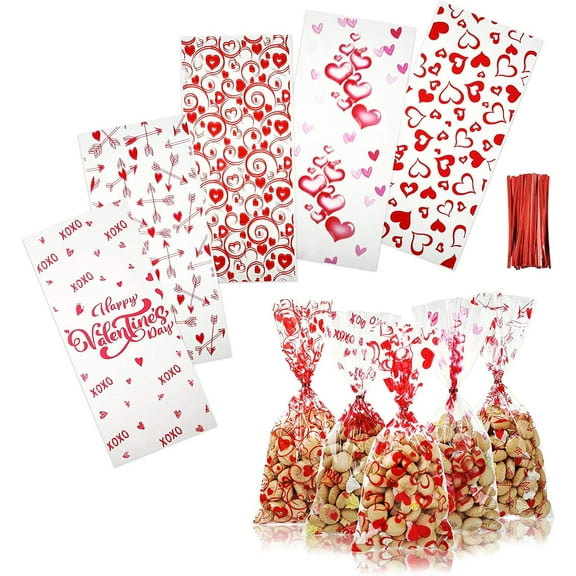 Naler 100 Count Valentine's Day Cellophane Treat Bags with Twist Ties,Clear Heart Goodie Candy Snack Bags for Kids Adults Party Favor Supplies