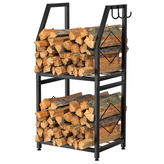 2-Tier Heavy-Duty Firewood Rack with 3 Hanging Hooks - Black Indoor/Outdoor Patio Log Holder