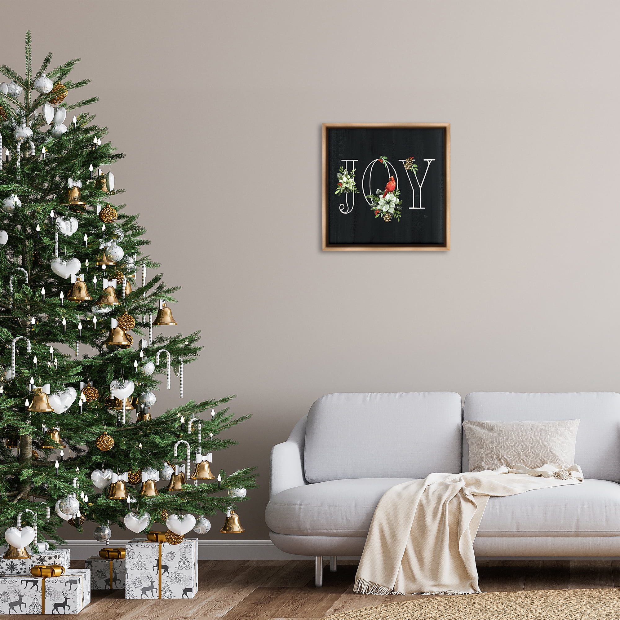 Stupell Industries Joy Letters with Florals Holiday Painting Brown Floater Framed Canvas Art Prints Wall Art, 25 x 25