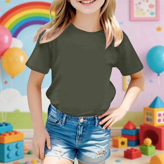 Kids Girls Stretchy Plain Crew Neck Tee, Customizable Letter‑Print Top For Home Wear Casual Matching