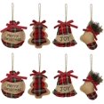 thumbnail image 1 of Adornos rústicos para árboles de Navidad, medias de arpillera, bolas de Navidad rústicas, campanas para árboles con cuadros escoceses rojos y verdes de moda para las fiestas, 1 of 5