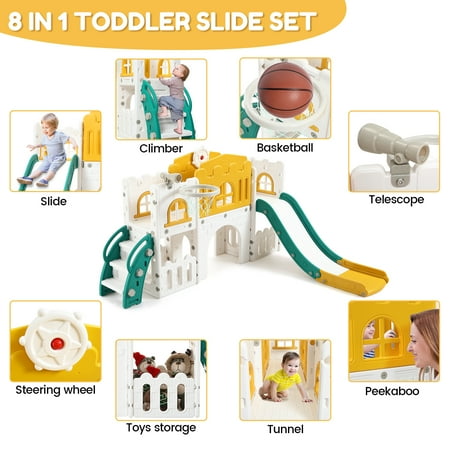 8 in 1 Toddler Slide Indoor Playground with Slide Basketball Hoop Climber for Toddlers 1-3