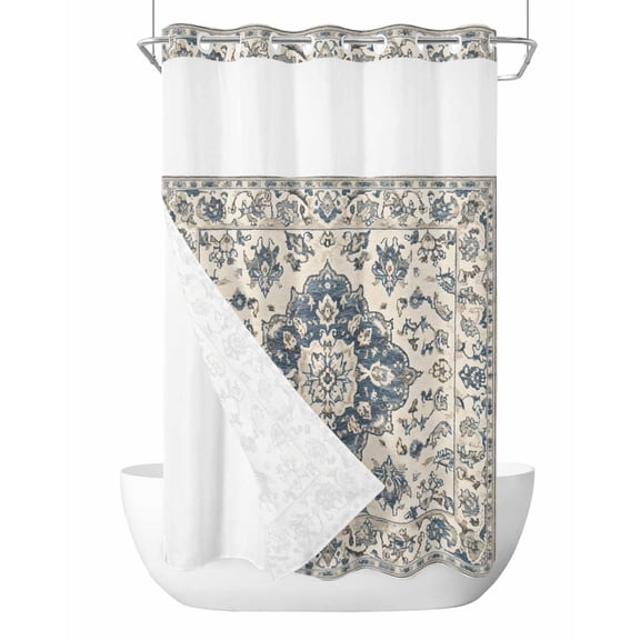 No Hook Shower Curtains with Snap in Liner, Blue Boho Waterproof Fabric Shower Curtain, Vintage Southwestern Ethnic Geometric Double Layers & See-Through Top Window Bathroom Curtains 54''x78''