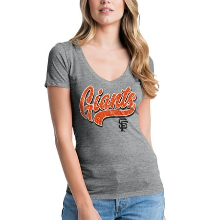 San Francisco Giants Glitter - Women's New Era Heathered Gray San Francisco Giants Glitter Logo V-Neck T-Shirt