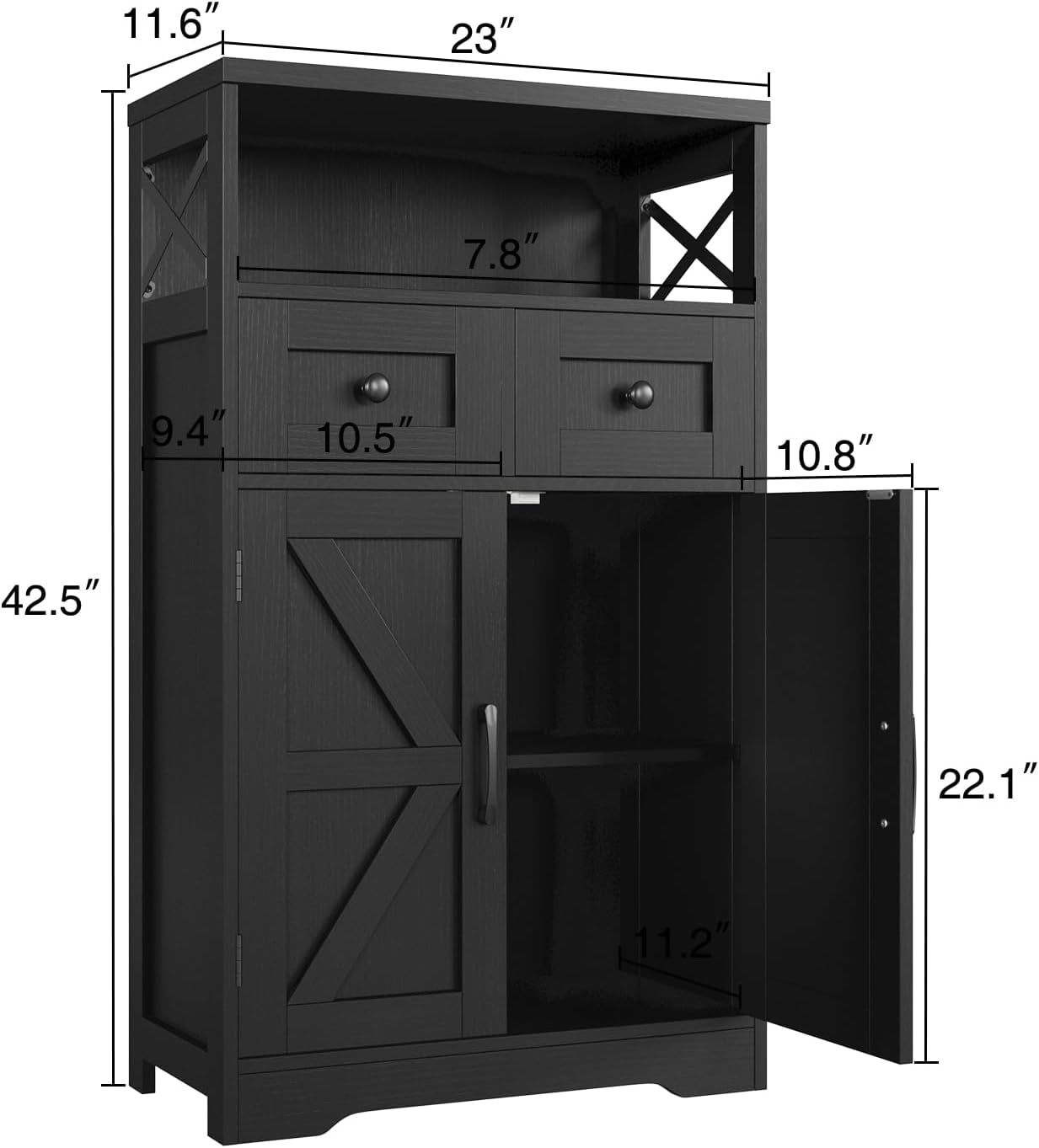 Black Storage Cabinet with Drawers and Shelves, Freestanding Black Kitchen Pantry Storage Cabinet, Floor Storage Cabinet Hutch Cupboard Black for Dining/Living Room/Home Office
