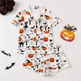 thumbnail image 2 of CUZIBR Girls Outfits Sets Halloween Pumpkin Bat Cat Print Lapel Button Short Sleeve Pajama Top Matching Shorts Two Piece Kids Sleepwear Set,White,5-6 Years, 2 of 9