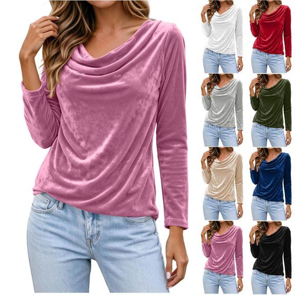 Tqcoqu Women's 2026 Velvet Cowl Neck Long Sleeve Blouse Elegant Dressy Top for Holiday Party Casual Outfits