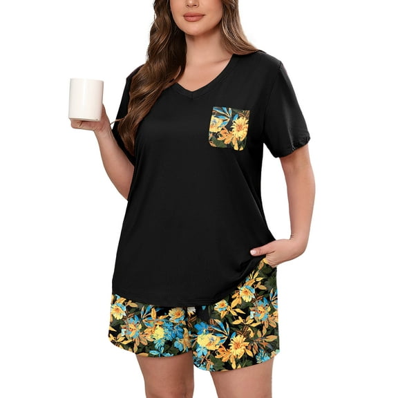 SHOWMALL Women's Plus Size Pajama Set, Yellow Blue Floral 3X 2 Piece Loungewear Sleepwear for Spring Summer Fall, Short Sleeve Top and Printed Shorts with Side Pockets,