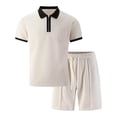 thumbnail image 4 of 2 Piece Casual Set for Men Knit Quarter Button Shirt with Shorts Half Zip Collared Top Drawstring Shorts Summer Matching Tracksuit L, 4 of 5