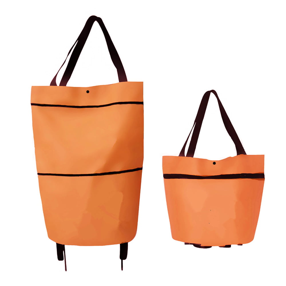 Collapsible Trolley Bags Folding Shopping Cart Reusable Grocery Bag Foldable Portable Shopping Bags with Wheels Orange