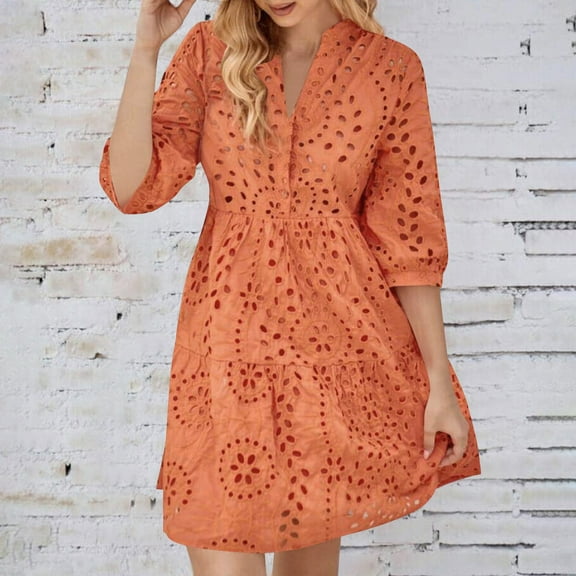 qolati Fall Dresses for Women 2024 Boho Midi Dresses 3/4 Sleeve Eyelet Henley V Neck A-Line Dress Casual Loose Ruffle Swing Beach Dress