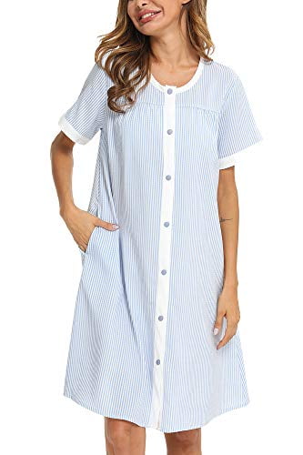 YOZLY House Dress Women Cotton Duster Robe Short Sleeve Housecoat Button Down Nightgown 
