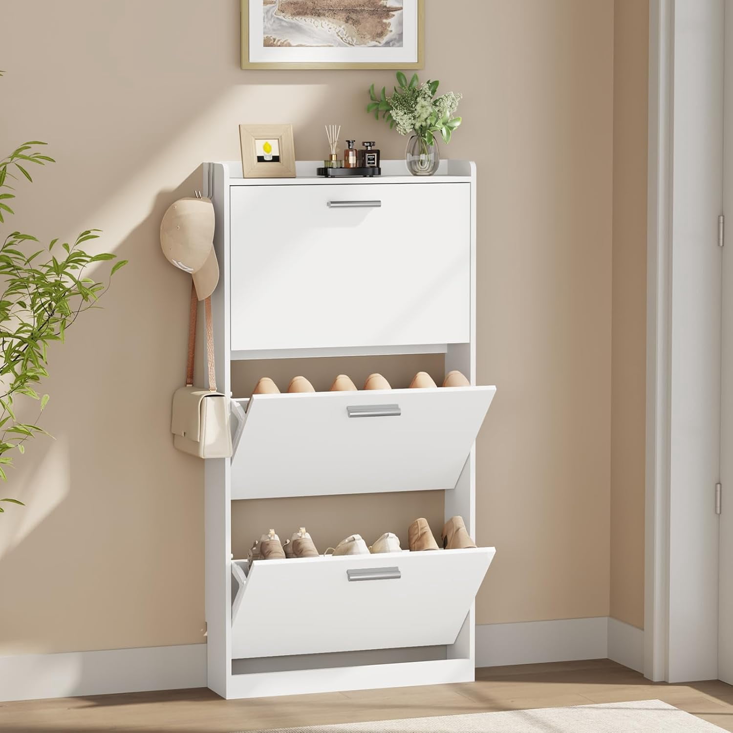 Shoe Cabinet Organizer with 3 Flip Drawers，Freestanding Shoe Rack Cabinet，Narrow Shoe Cabinet Storage for entryway，Foyer, Hallway, White, 23.6" W × 6.3" D × 47.2" H