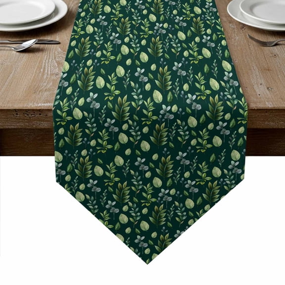 Dark Green Leaves Table Runner Linen Burlap Table Runner 72 Inches Long Pastoral Watercolor Botanical Plant Dresser Scarves for Kitchen Island Coffee Dining Room Party Holiday Decoration 13"x72"