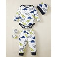 thumbnail image 4 of Kucnuzki Preemie Baby Boys Outfit Set Newborn Boy Winter Layette Sets 4 Packs Long Sleeves Romper Top Dinosaur Print Pants with Hats and Gloves Gift Sets 16PCS Clothing Blue, 4 of 9