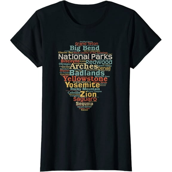 Women Tops National Parks List Word Cloud Camping Hiking Short Sleeve Casual T-Shirt