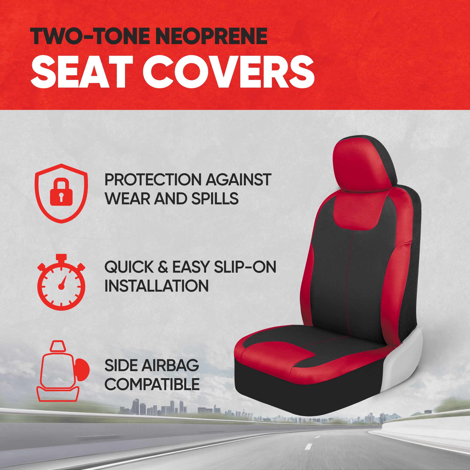 Motor Trend Red/Black Waterproof Seat Covers for Front Seats – Premium Neoprene Red Seat Covers, Car Seat Protectors with Removable Headrest, Interior Covers for Auto Truck Van SUV