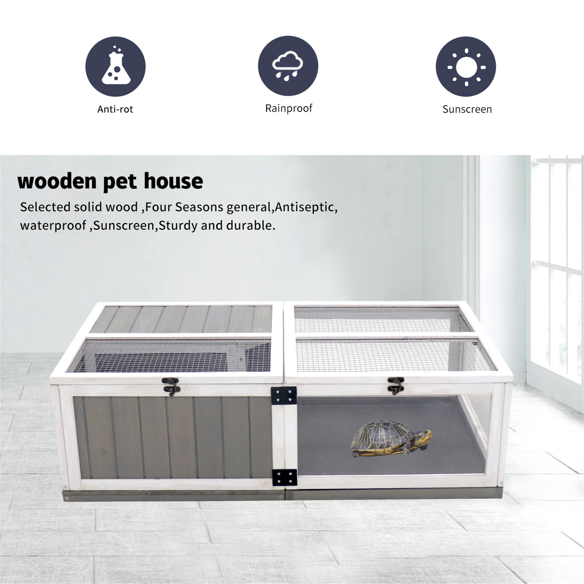 Pefilos 43" Outdoor Tortoise Habitat Wooden Tortoise House with Tray Indoor Turtle Enclosure for Small Animals Reptile Cage, Gray Pefilos 43" Outdoor Tortoise Habitat Wooden Tortoise House with Tray Indoor Turtle Enclosure for Small Animals Reptile Cage, Gray