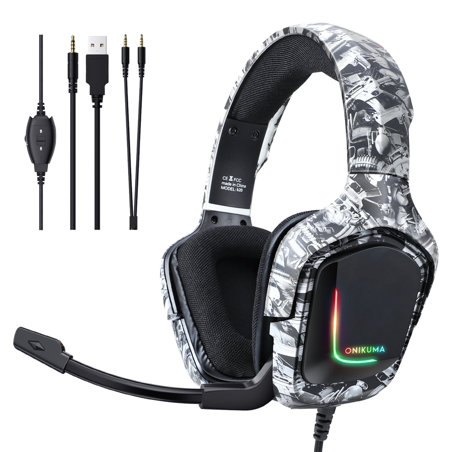 Reductor onderwerp Van God K20 Gaming Headsets for PS5 PS4 Xbox One PC Mac Mobile Gaming Headphones,  ONIKUMA Camouflage Wired Headset with 3D Surround Sound and Bass Stereo,  RGB Lights & Noise-Cancelling Microphone - Walmart.com