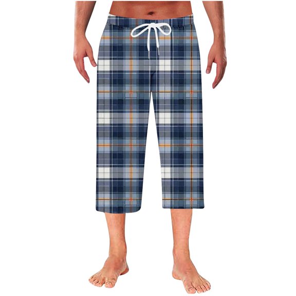 RYDCOT Men's Plaid Capri Pajama Pants Comfy Lounge Pj Bottoms Soft Casual Sleep Drawstring Pants with Pockets Navy