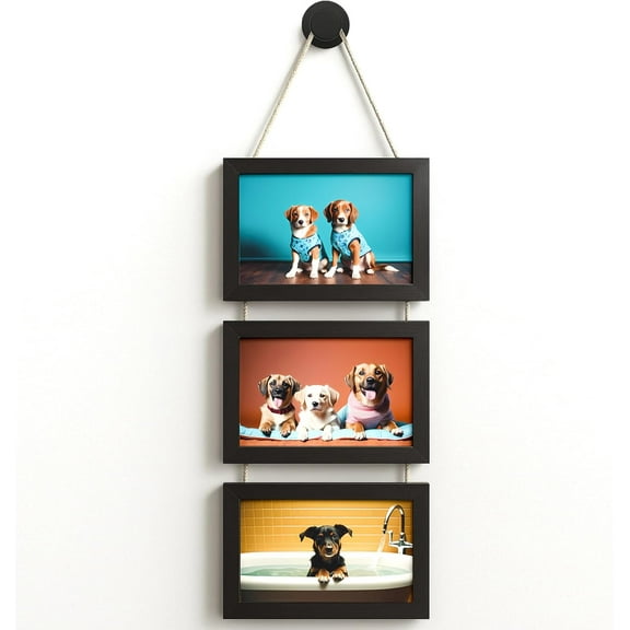 UniVerse 4x6 Inch Hanging Picture Frames with 3 Openings, Rustic Wood Wall Photo Frame, Picture Frame Displays 4 Photos for Wall Decor (Black)