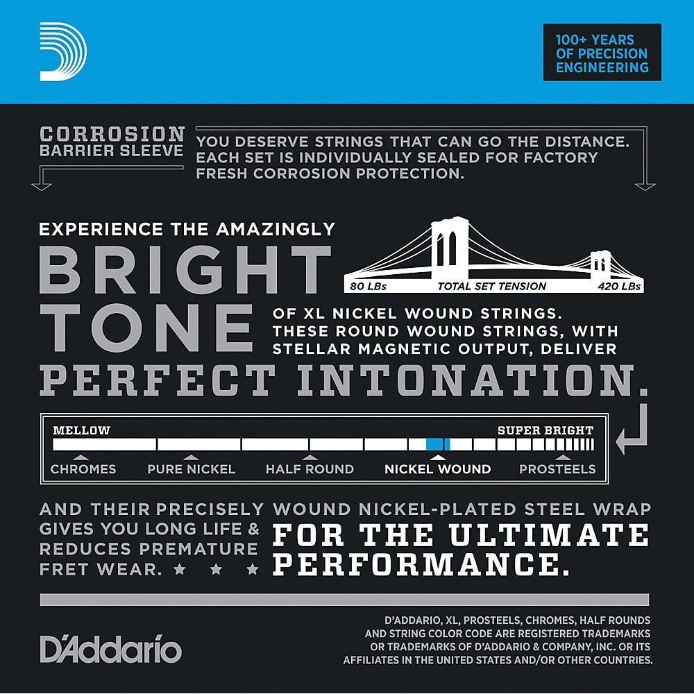 D'Addario EXL165TP Nickel Wound Bass Guitar Strings, Custom Light, 45-105, 2 Sets, Long Scale