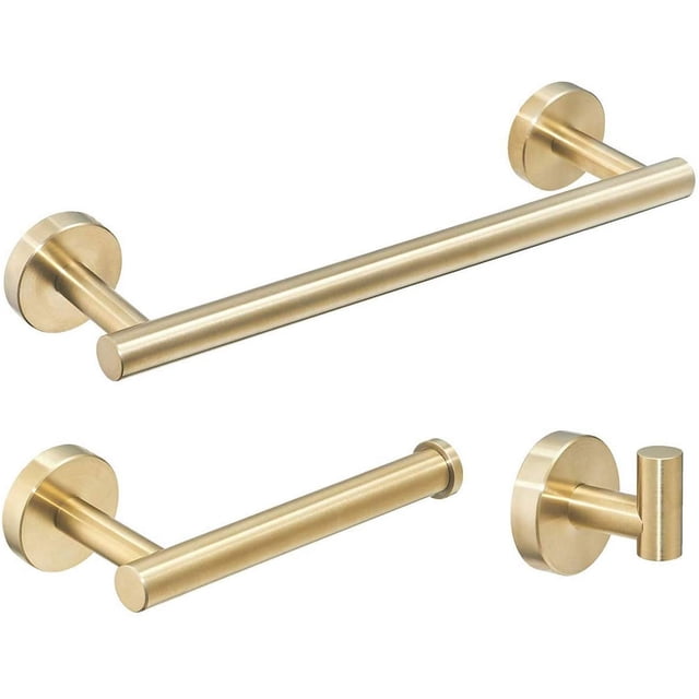 3 Piece Bathroom Accessories, 30cm Towel Rack, Toilet Paper Holder, Robe Hook, Brushed Gold