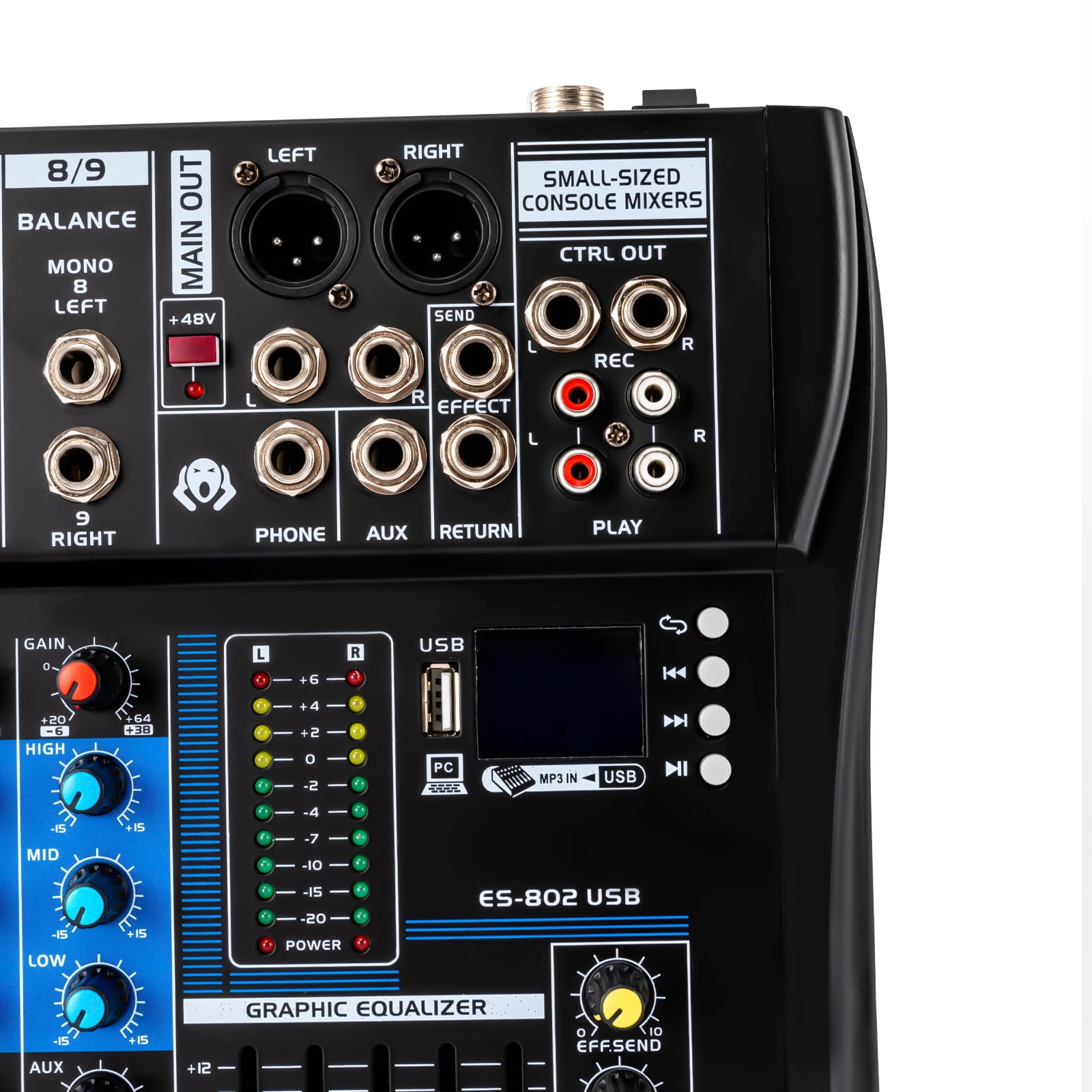 Wildnix Audio Mixer with Five-Band Equalizer, Bluetooth Compatibility, +48V Phantom Power, Four Reverb Effects, Real-Time Monitoring, and Canon Balanced Output