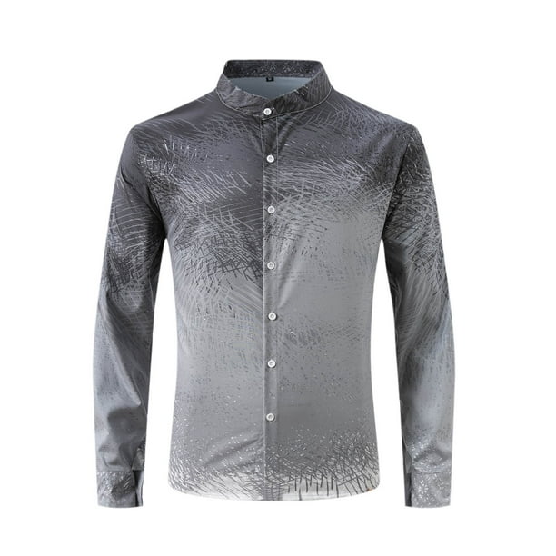Blusa y camisa de manga larga con cuello alto para hombre, blusa de poliéster con estampado de botones y degradado, a la moda, para hombre