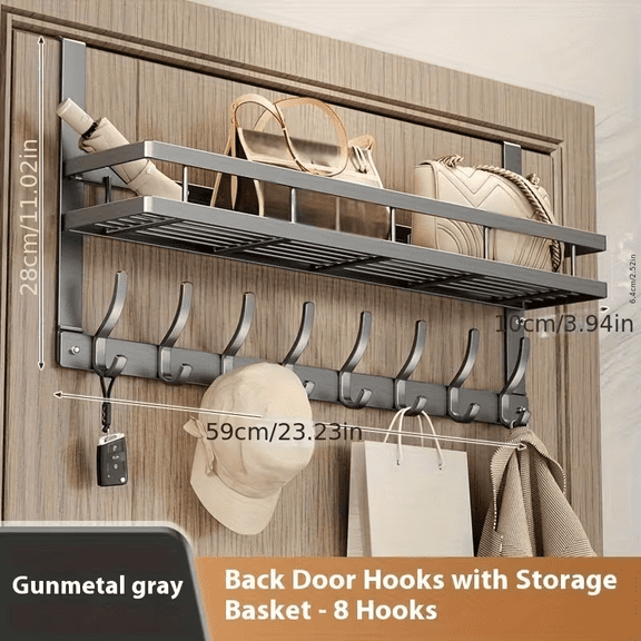 Gray with 8 Hooks,Multifunctional Metal Easy-Install Over-the-Door Storage Rack for Bedroom, Bathroom & Kitchen Organization, A Perfect Gift for Christmas And Halloween