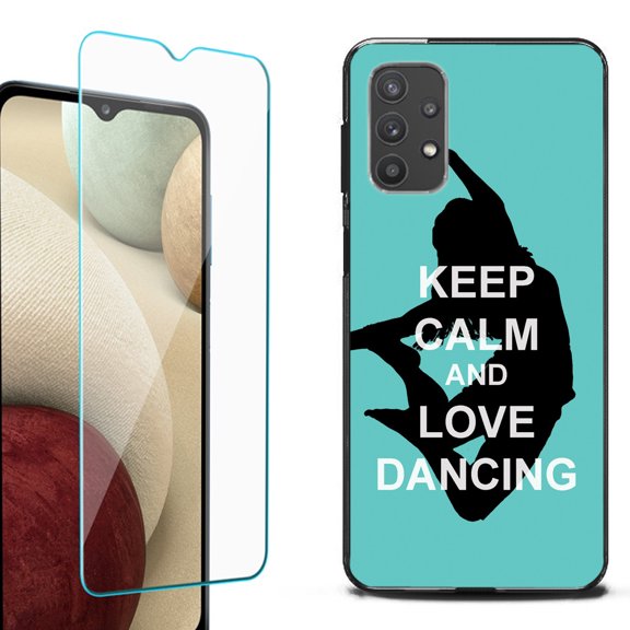 Slim-Fit Flexible TPU Gel Phone Case (black) for Samsung Galaxy A32 5G, with Tempered Glass Screen Protector, by OneToughShield ® - Keep Calm / Dancing
