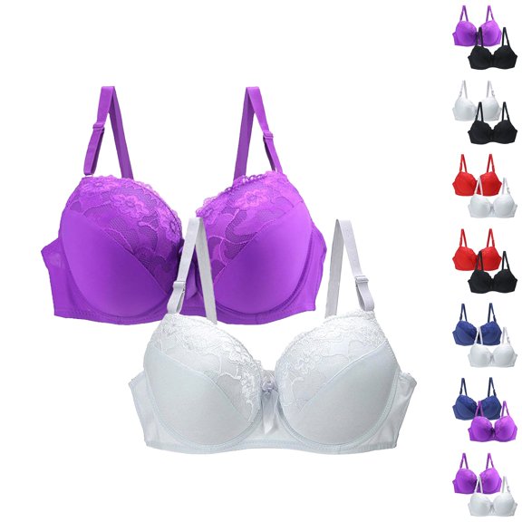WHEANG 2 PC Lace Bras for Women Assorted Different Color Sets Bras Plus Size Thin Adjustable Straps Wireless Comfort Bra Support Sleep Underwear Seamless Bra Purple Size 75B