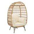 thumbnail image 2 of Sillón Tipo Huevo de Mimbre para Jardín - Diseño con Ratán Marrón, Marco de Acero Negro y Cojines Acolchados de Felpa Blanca - Incluye Reposapiés para Patio, Balcón o Interior, 2 of 7