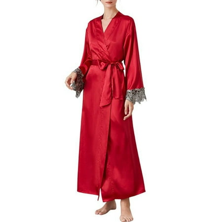 GHSOHS Robes for Women Night Lingerie Dress Night Gown Long Lace Belted Sleep Robe Comfortable Satin Nightgown Open Front Bathrobe Lightweight Cardigan Loungewear Pajamas Sleepwear Sleepshirt Robe