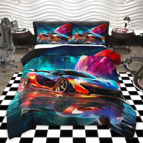 Castle Fairy Racing Car Twin Comforter Sets for Female Men,Speed Race Car Bedding Set