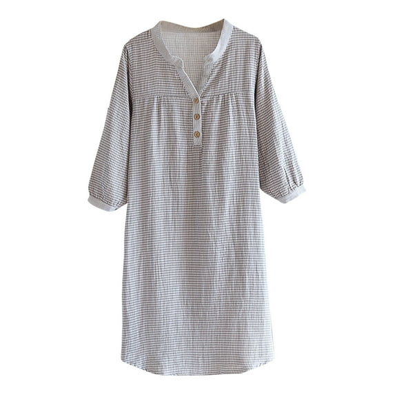 DeHolifer Nightshirt for Women Cotton Plaid Printed V-Neck Button 3/4 Sleeve Homewear Loungewear Nightgown Gray XL