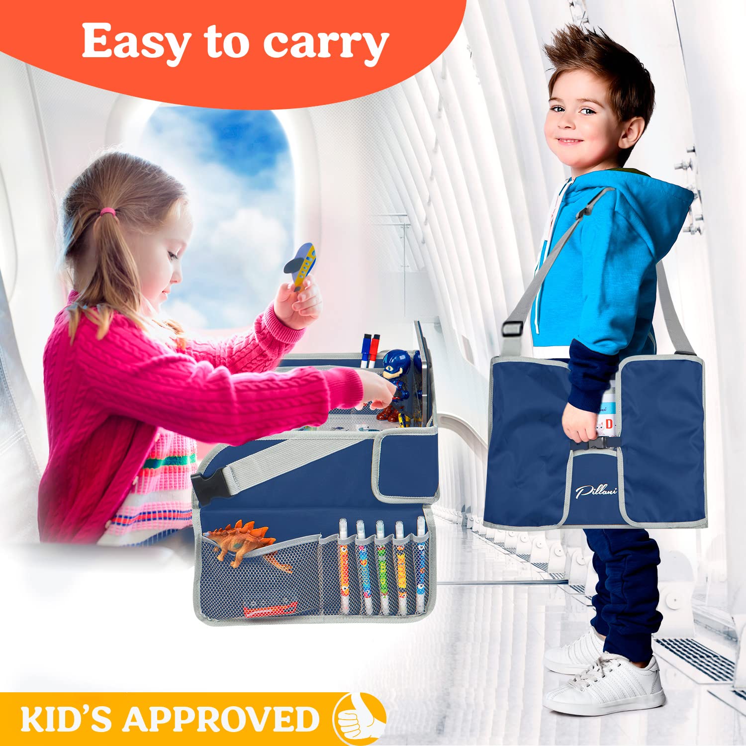PILLANI Kids Travel Tray for Car - Car Seat Tray for Kids Travel, Road Trip Essentials Must Haves - Carseat Table Roadtrip Activities - Toddler Lap Desk Organizer for Airplane - Kids Travel Essential