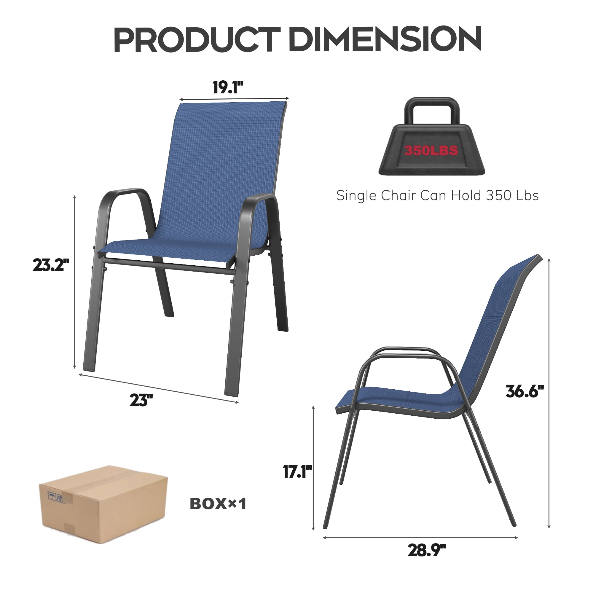 4-Piece Outdoor Dining Chair 4-Piece Set with Wide Ergonomic Seat, 350 lb Capacity Heavy Duty Metal Frame, Waterproof Teslin Fabric & Rust-Resistant for Patio Restaurant, Navy Blue