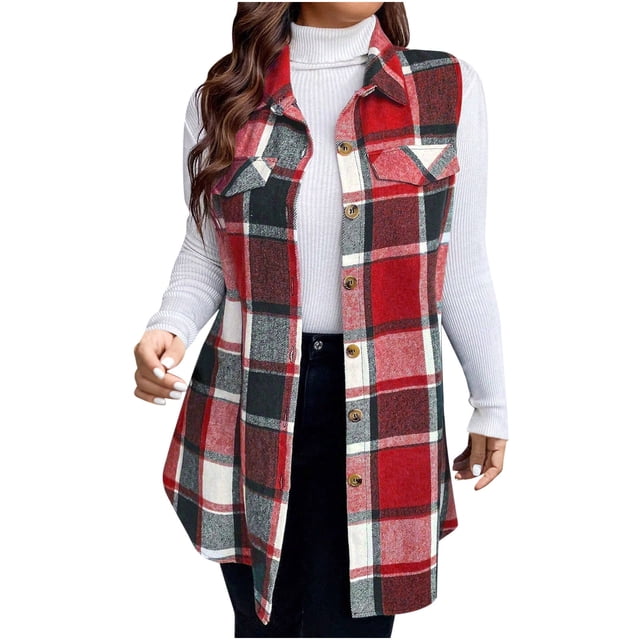Gilets Thermiques d'Hiver pour Femmes Mode Décontractée à Carreaux Double Face Vestes Sans Manches Col Rabattu Chaud Doux Rouge TTTG