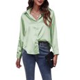 thumbnail image 2 of SAYOO, camisa de manga larga de seda satinada para mujer, camisa con cuello en V y botones, camisa informal con solapa de hombros caídos, blusa sedosa para trabajo y oficina SAYOO Ocio, 2 of 3