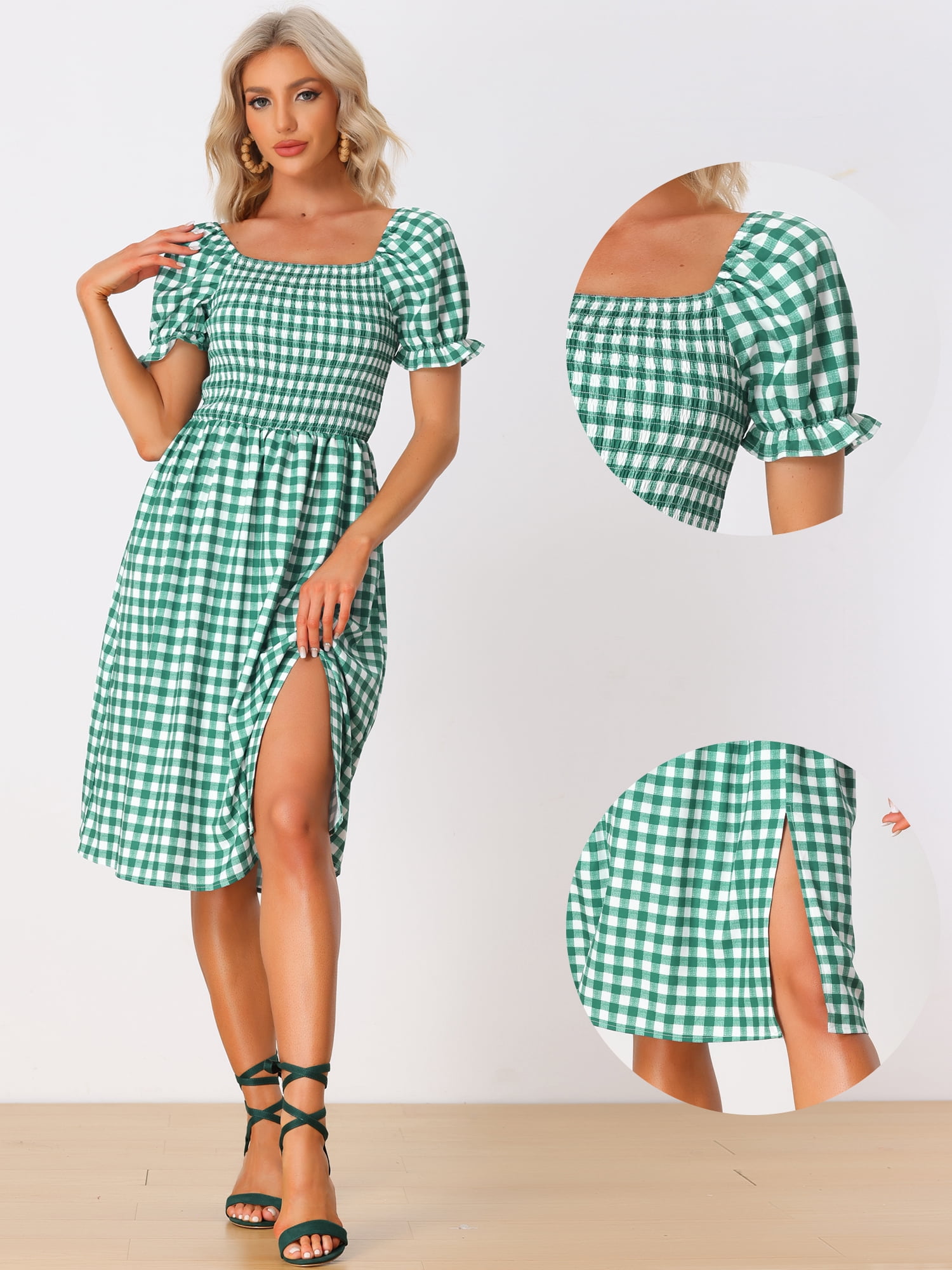 Unique Bargains Women's Gingham Short Sleeve Casual Plaid Smocked Dress L Green
